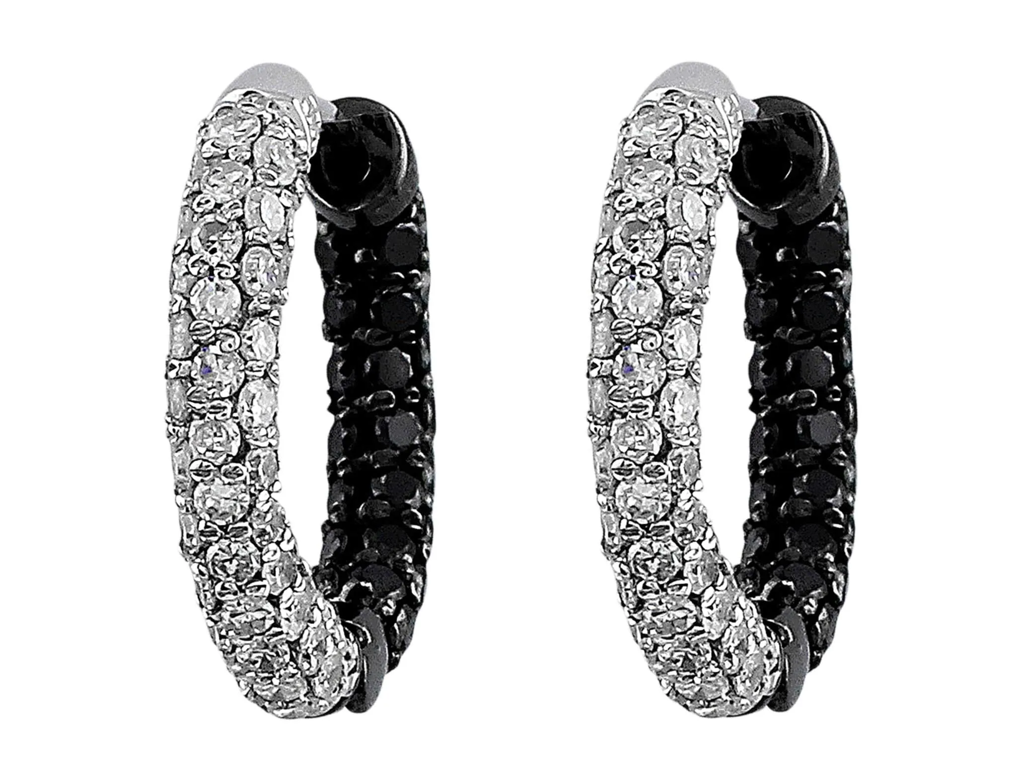 14k White Gold White and Black Diamond Hoop Earrings