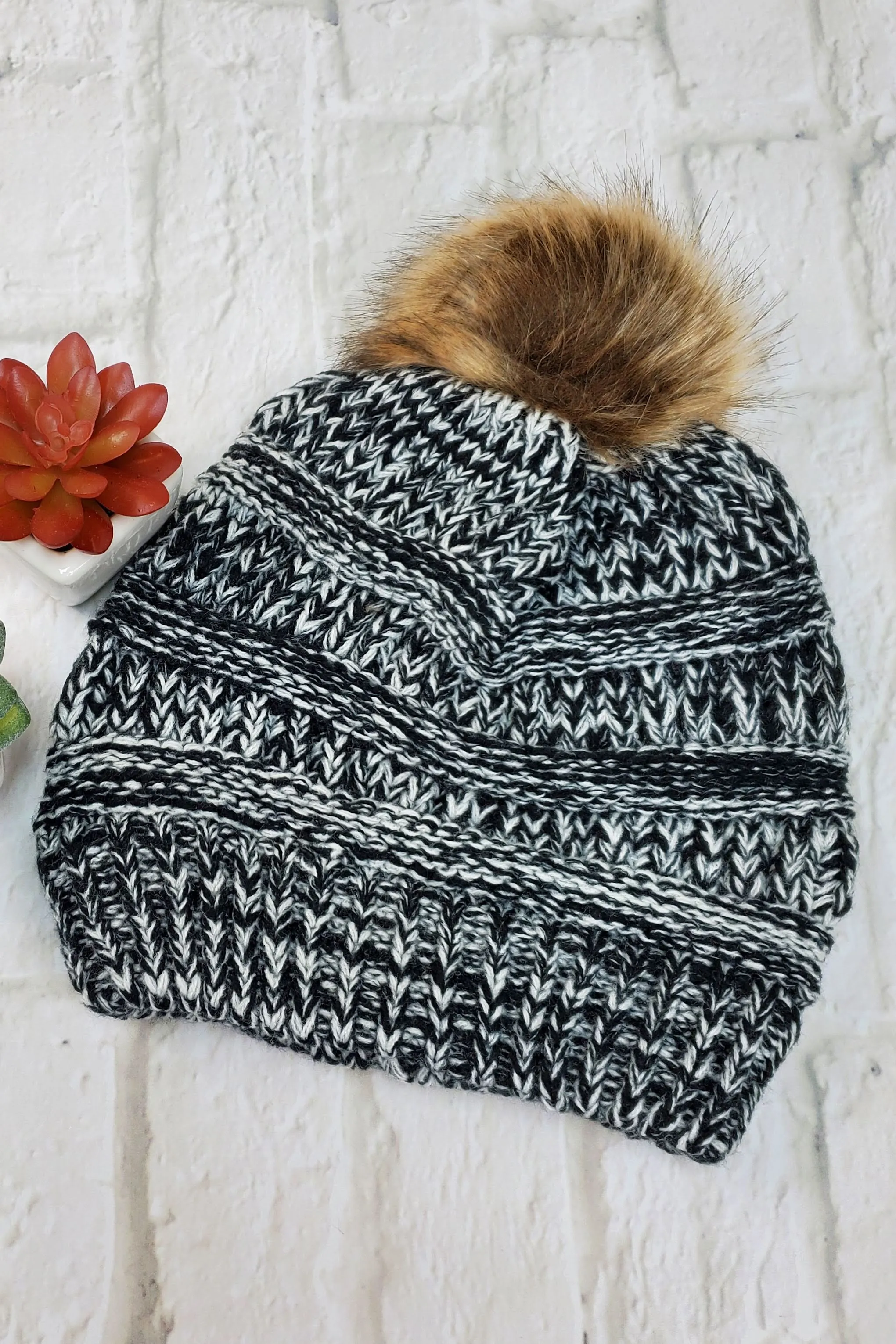 #16 Black & Grey Ponytail Pom-Pom Beanie