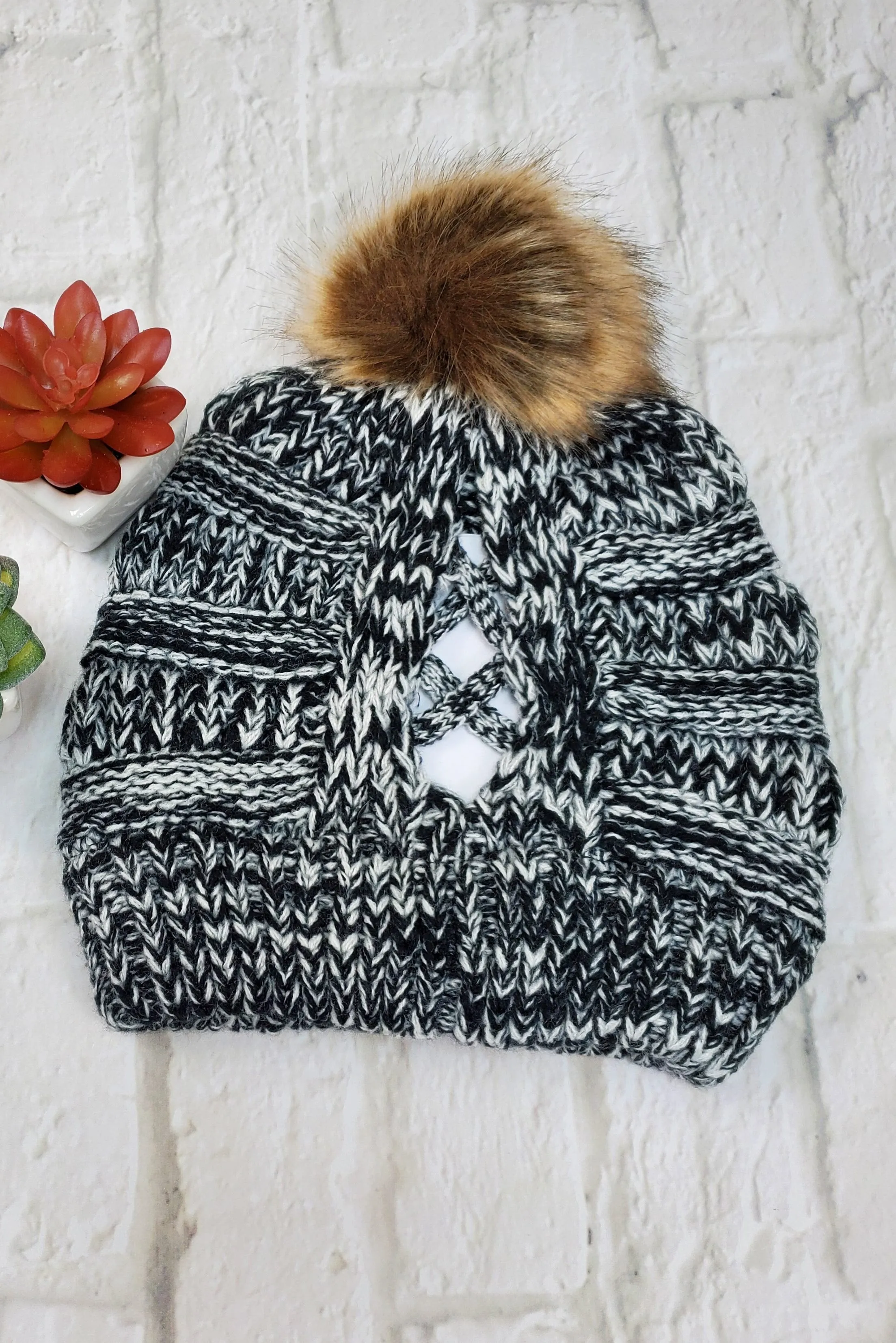 #16 Black & Grey Ponytail Pom-Pom Beanie