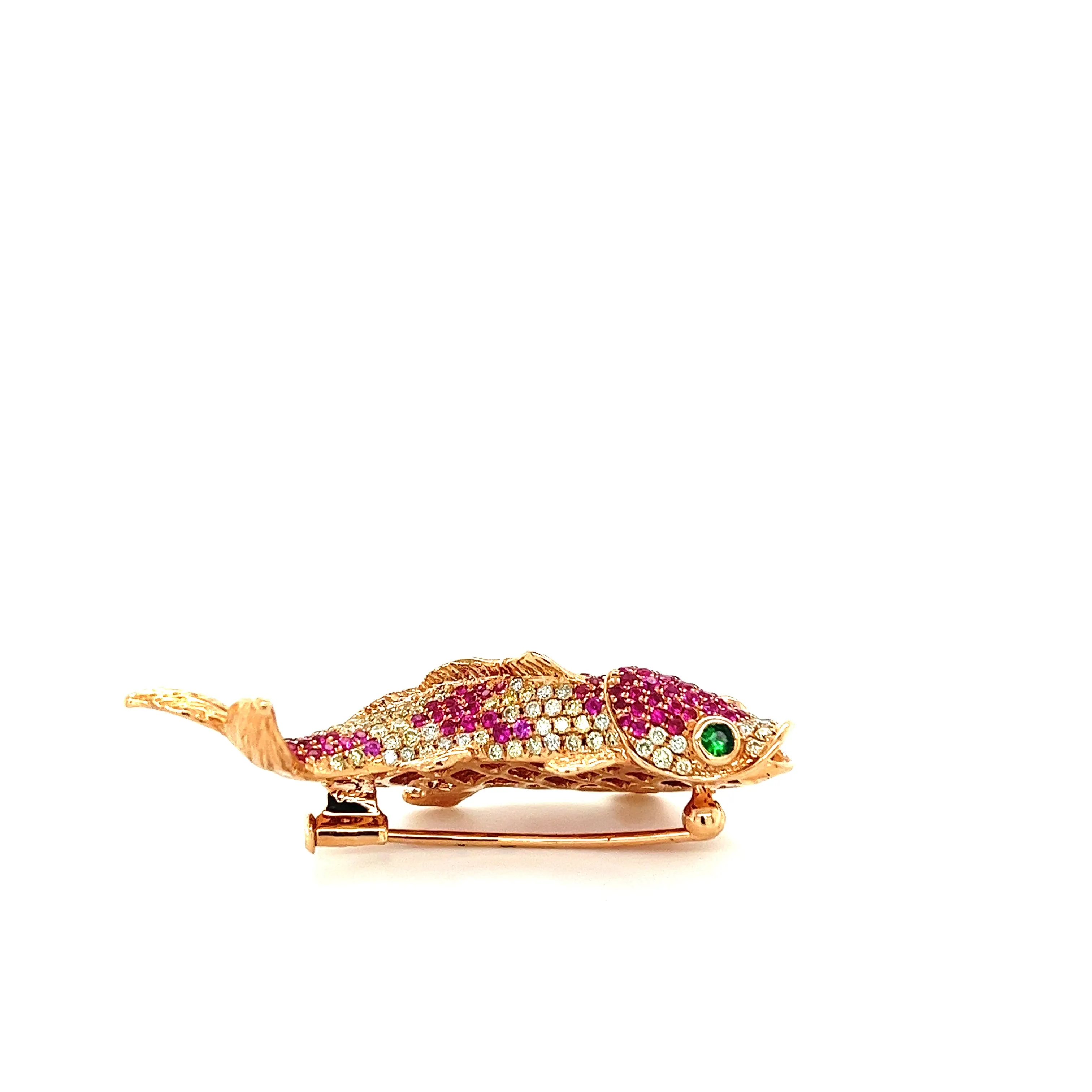 18K Gold Fish Brooch with Diamonds Pink Sapphires and Rubies