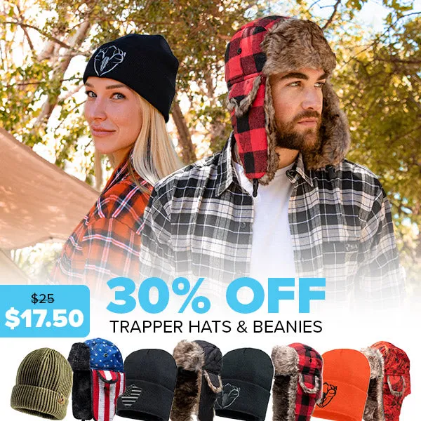 30% OFF TRAPPER HATS AND BEANIES