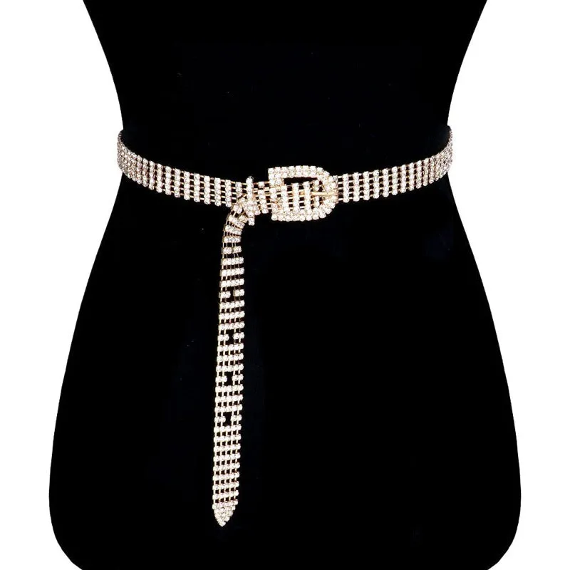 5 Rows Rhinestone Pave Embellished Buckle Belt