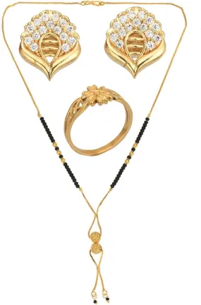 AanyaCentric Gold-plated Jewelry Combo: Elegant Short Mangalsutra, Finger Ring, and American Diamond Earrings Set