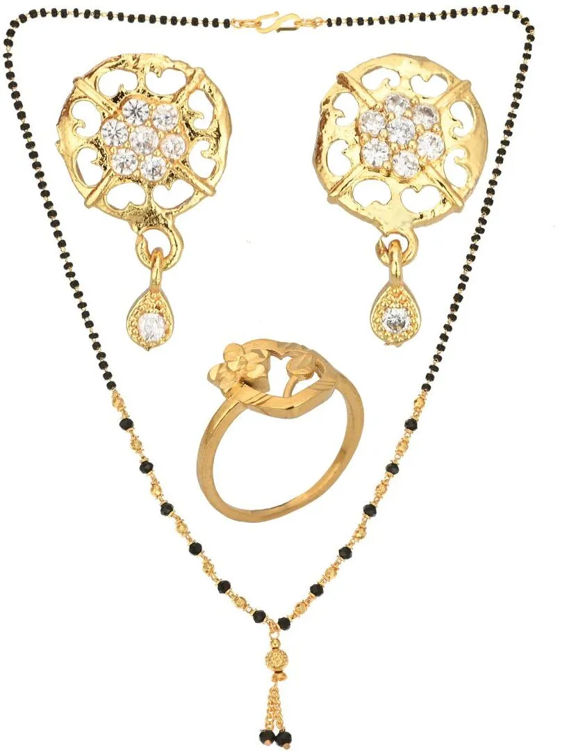 AanyaCentric Gold-plated Jewelry Combo: Elegant Short Mangalsutra, Finger Ring, and American Diamond Earrings Set