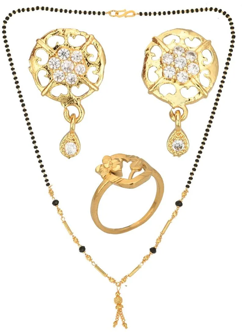 AanyaCentric Gold-plated Jewelry Combo: Elegant Short Mangalsutra, Finger Ring, and American Diamond Earrings Set