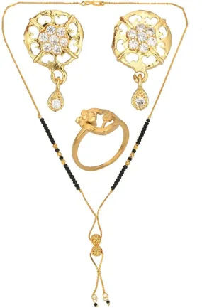 AanyaCentric Gold-plated Jewelry Combo: Elegant Short Mangalsutra, Finger Ring, and American Diamond Earrings Set