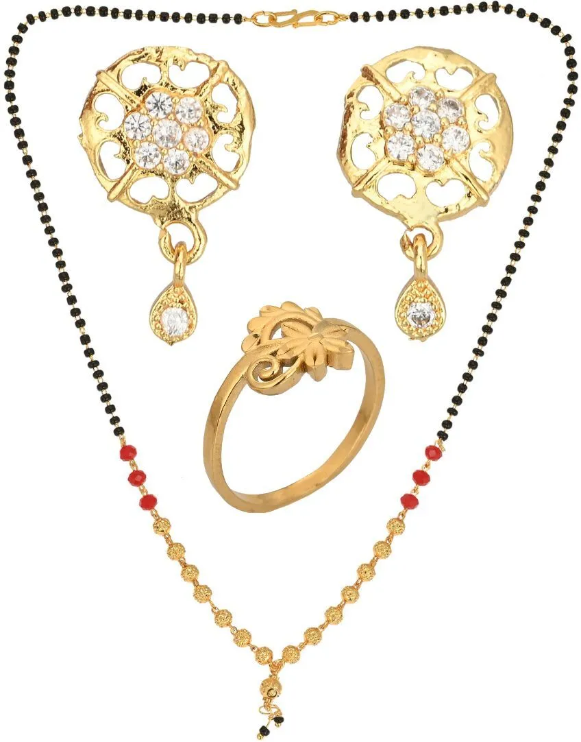 AanyaCentric Gold-plated Jewelry Combo: Elegant Short Mangalsutra, Finger Ring, and American Diamond Earrings Set