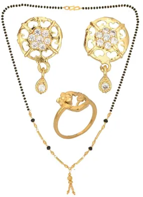 AanyaCentric Gold-plated Jewelry Combo: Elegant Short Mangalsutra, Finger Ring, and American Diamond Earrings Set