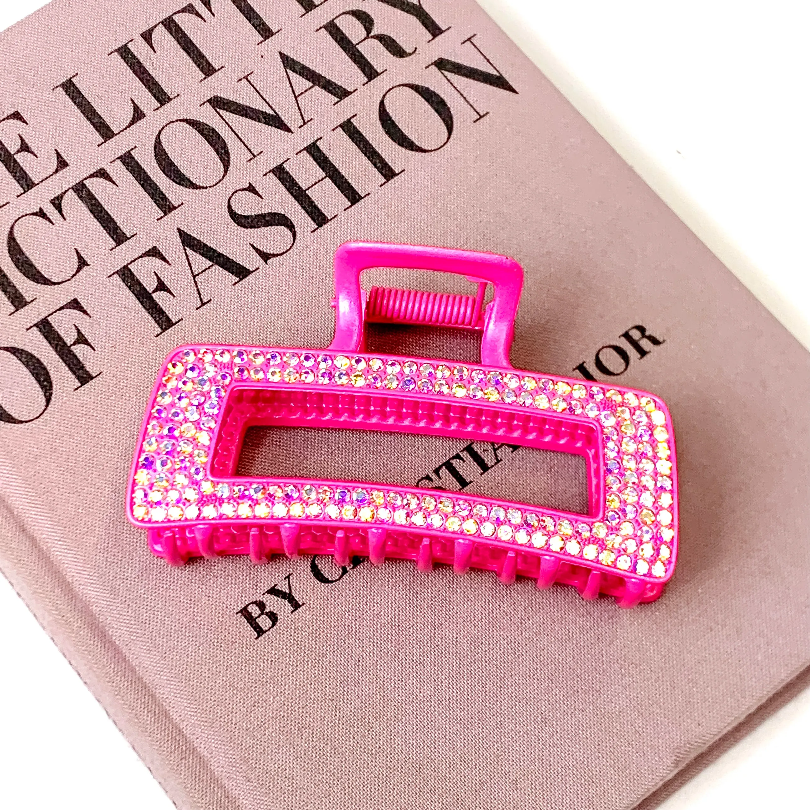 AB Crystal Embellished Metal Rectangle Hair Clip in Fuchsia Pink