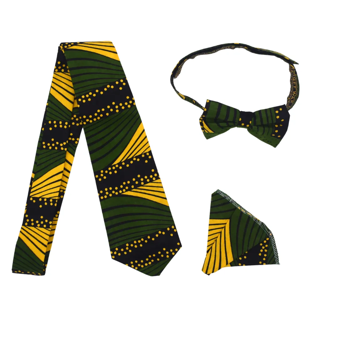 African print bow tie and neck tie for men, yellow and green - MS1