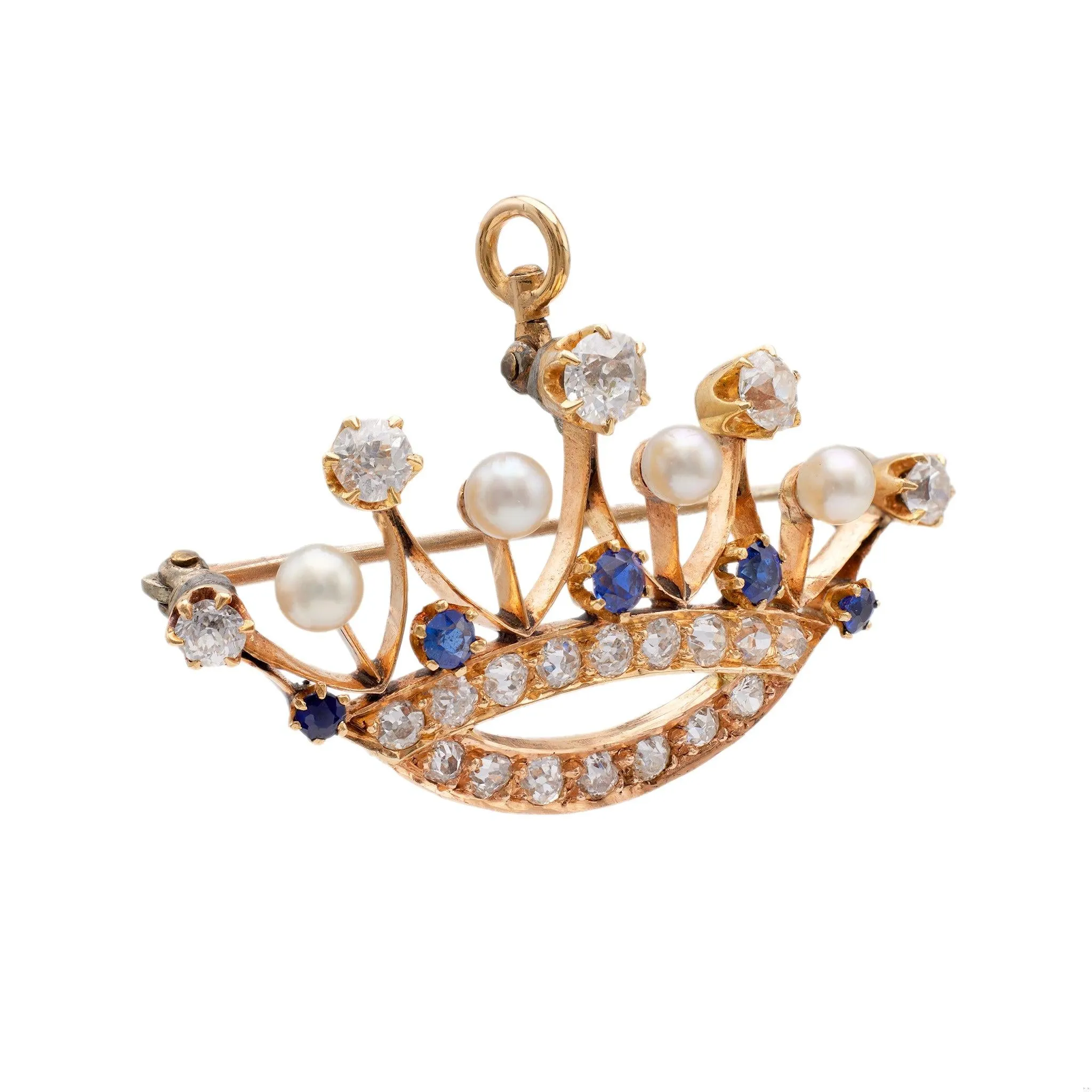 Antique Diamond, Sapphire, and Pearl 14k Yellow Gold Crown Brooch