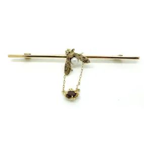 Antique Edwardian 9ct Gold Garnet Fly Pearl Brooch