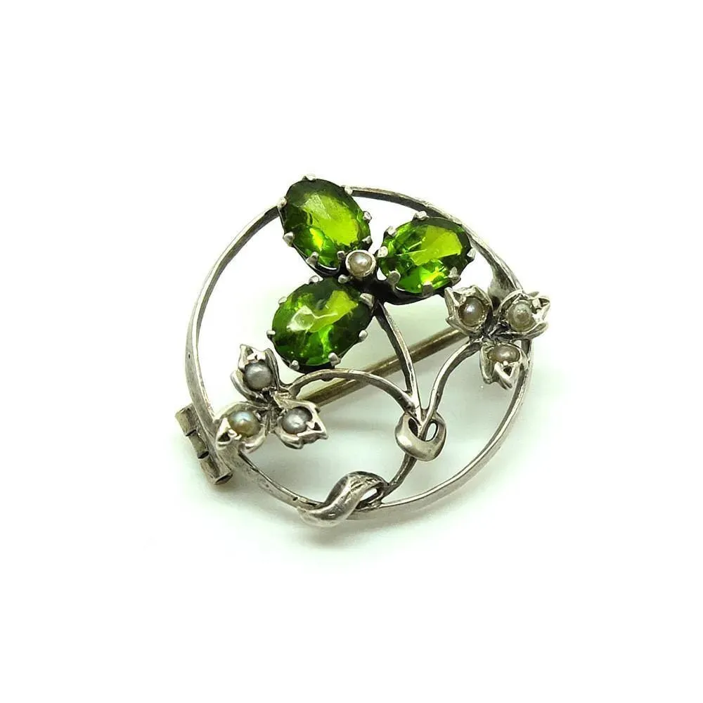 Antique Edwardian Green Silver Brooch