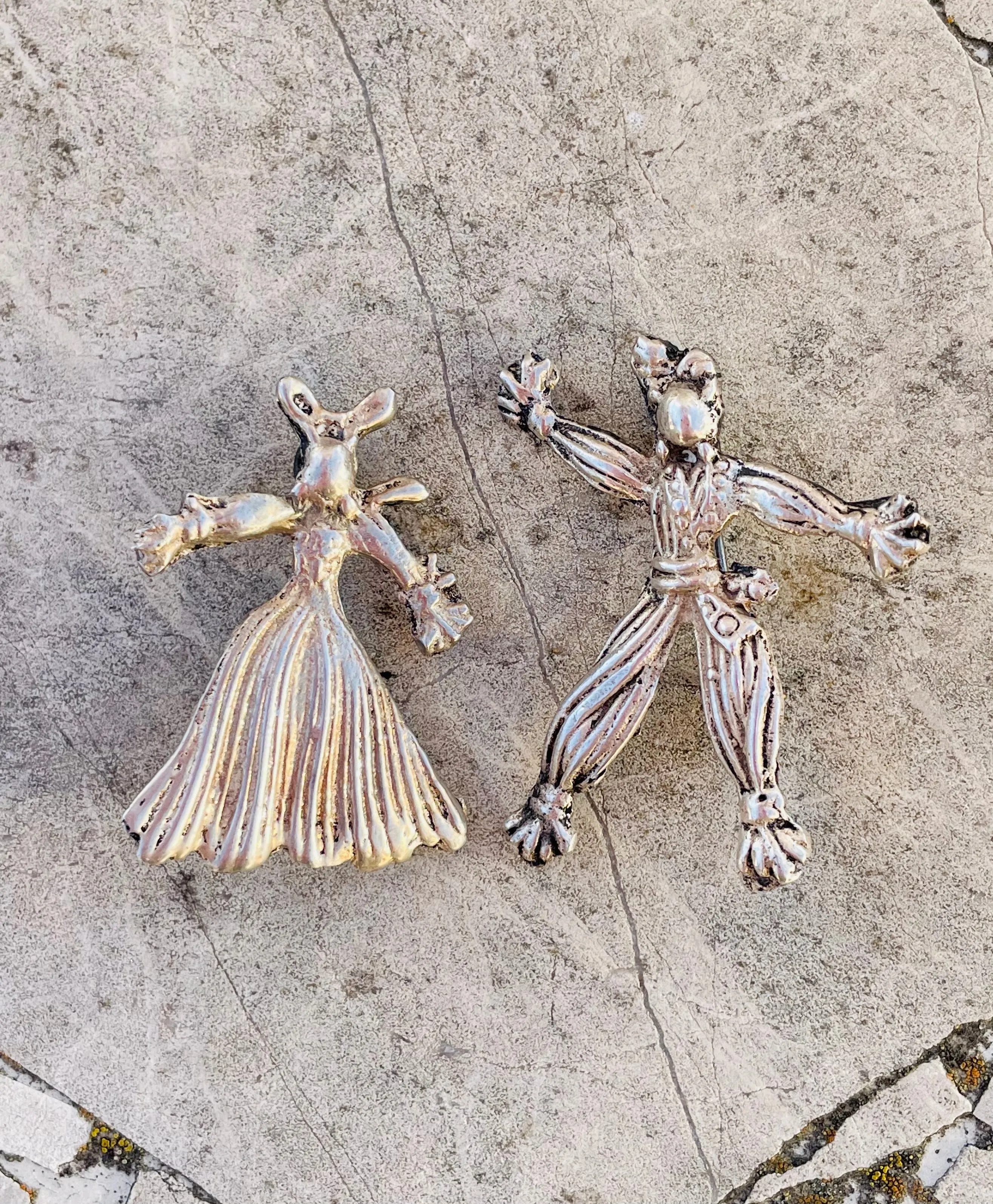 Antique Sterling Silver Man & Woman Dancing Cultural Brooch Pin 13.55g Set of 2