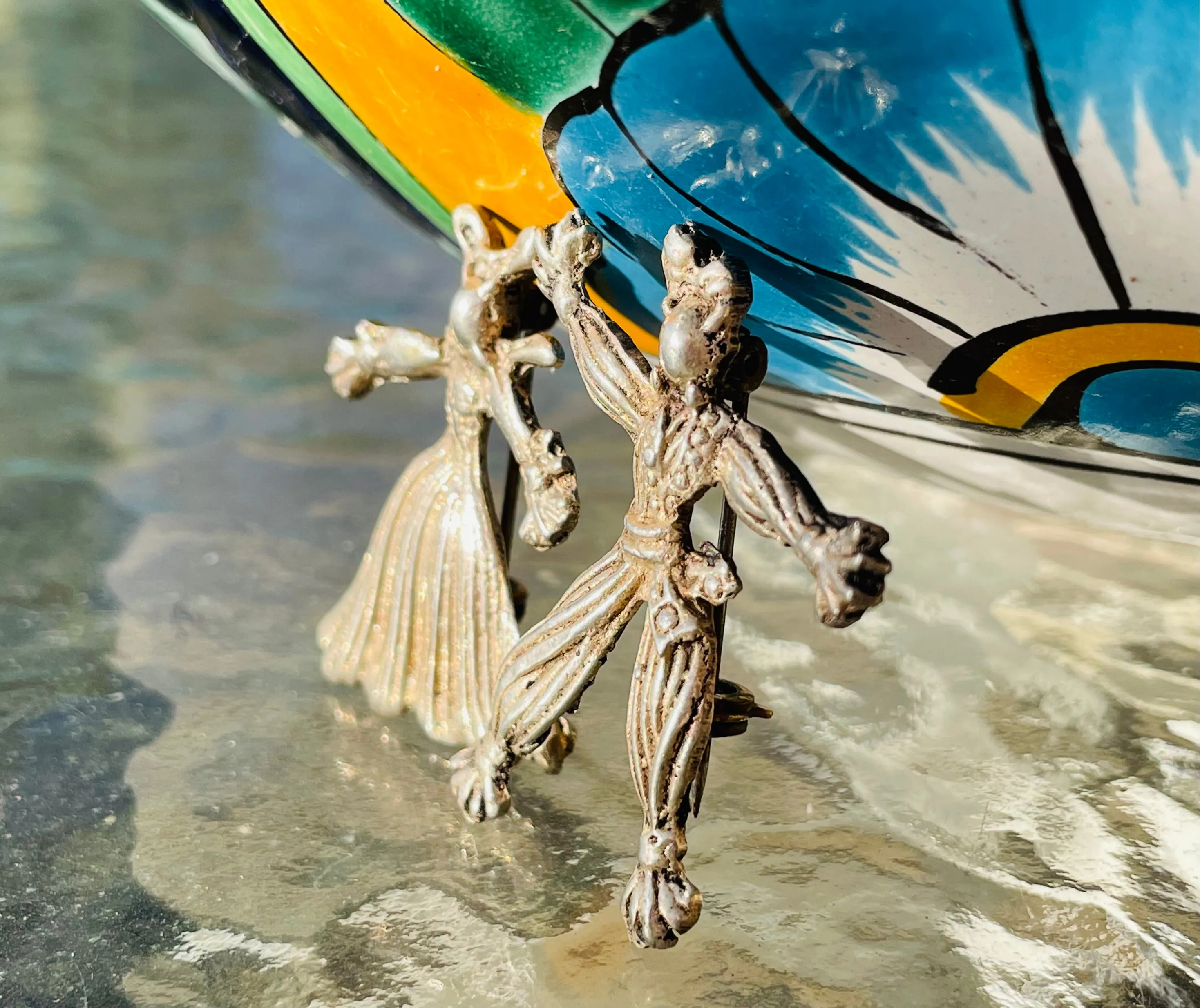 Antique Sterling Silver Man & Woman Dancing Cultural Brooch Pin 13.55g Set of 2