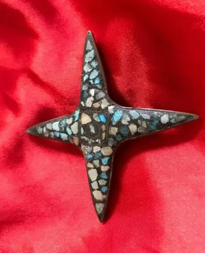 Antique Turquoise Mosiac Blue Stone Metal Starfish Star Fish Brooch Pin