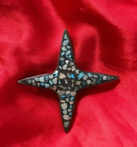 Antique Turquoise Mosiac Blue Stone Metal Starfish Star Fish Brooch Pin