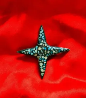 Antique Turquoise Mosiac Blue Stone Metal Starfish Star Fish Brooch Pin