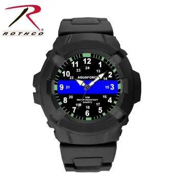 Aqua Force Thin Blue Line Police Officer Rugged Pu Rubber Watch (50m Water Resistant)