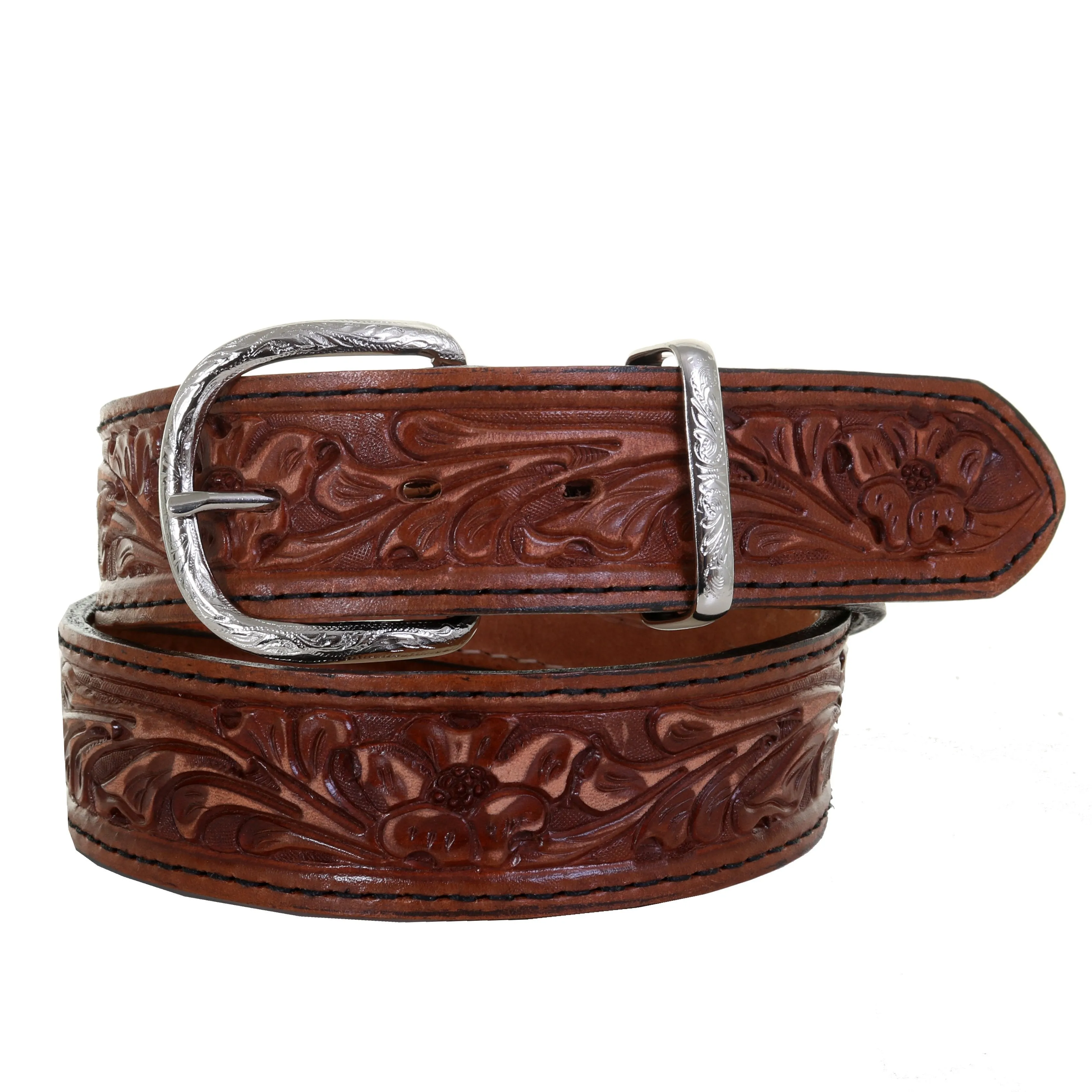 B1026A - Pecan Vintage Floral Tooled Belt