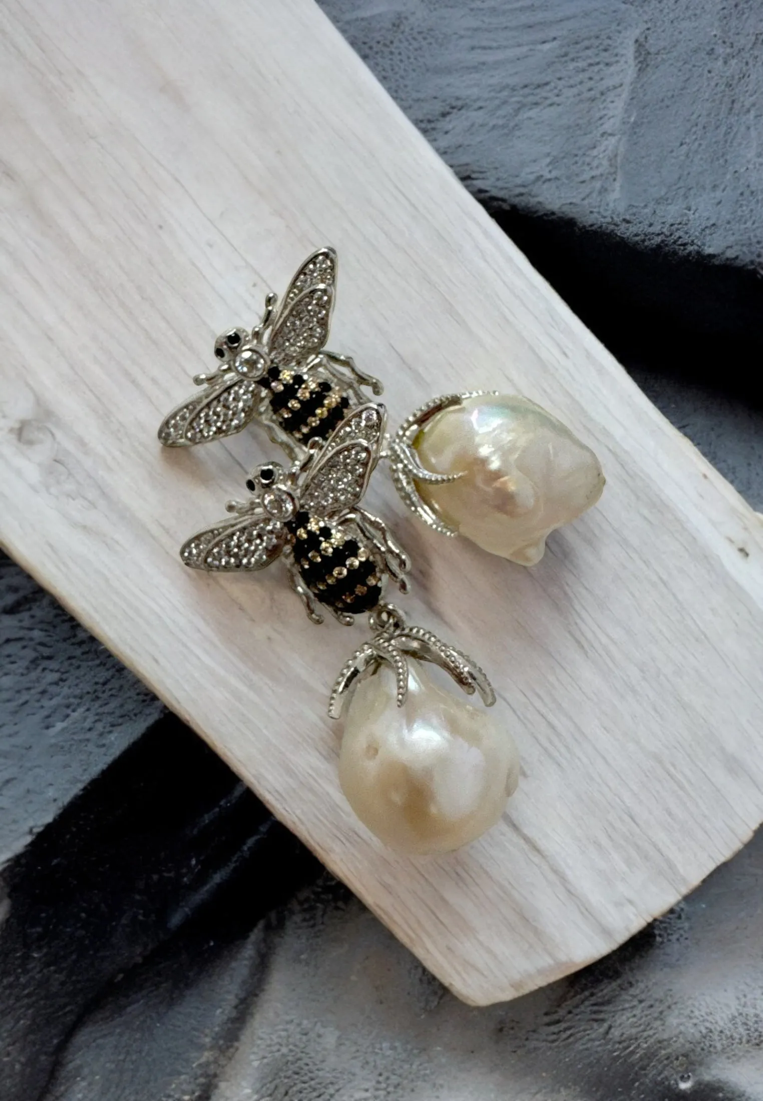 Baroque Pearl Honey Bee Drop Earrings Silver