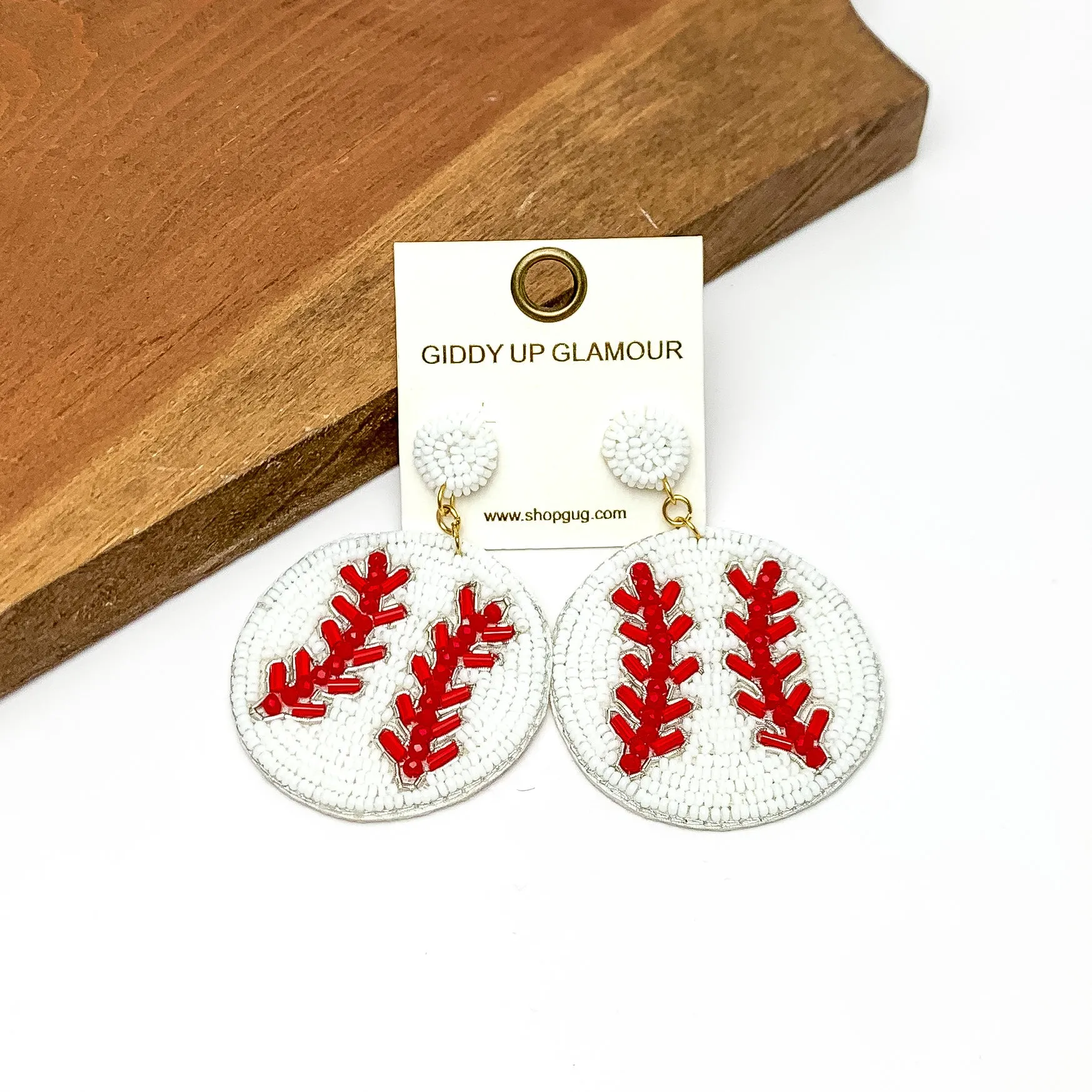 Baseball Circular Beaded Earrings in White and Red