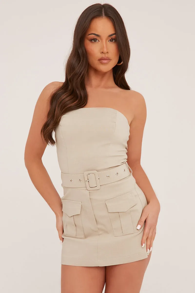 Beige Bandeau Self Belt Mini Playsuit - Juni