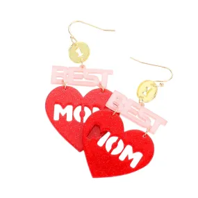 Best Mom Glittered Resin Heart Message Dangle Earrings