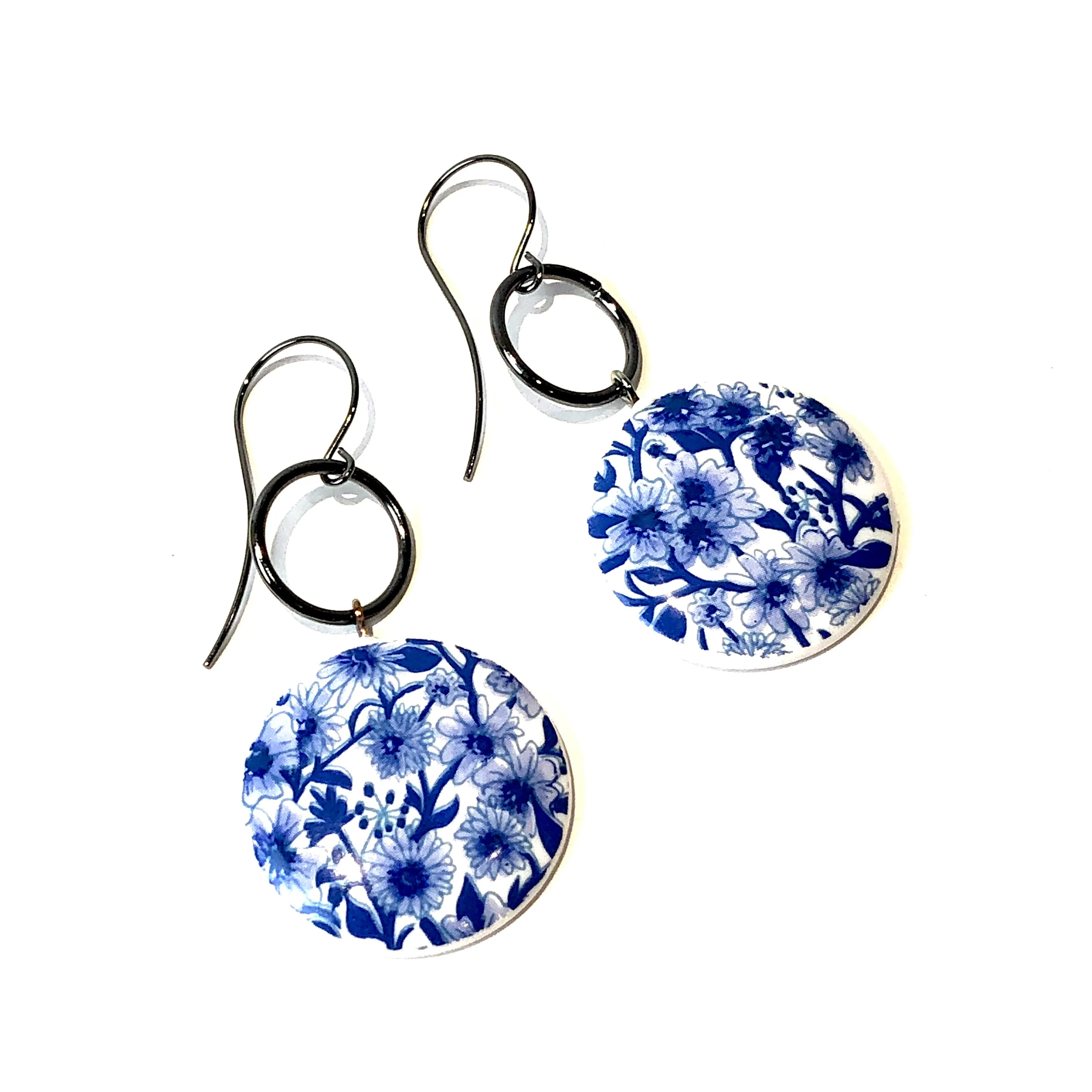 Blue & White Floral Ring Earrings