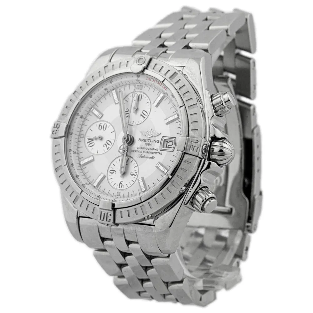 Breitling Men's Chronomat Evolution Stainless Steel 44mm Silver Stick Chronograph Dial Watch Reference #: A13356