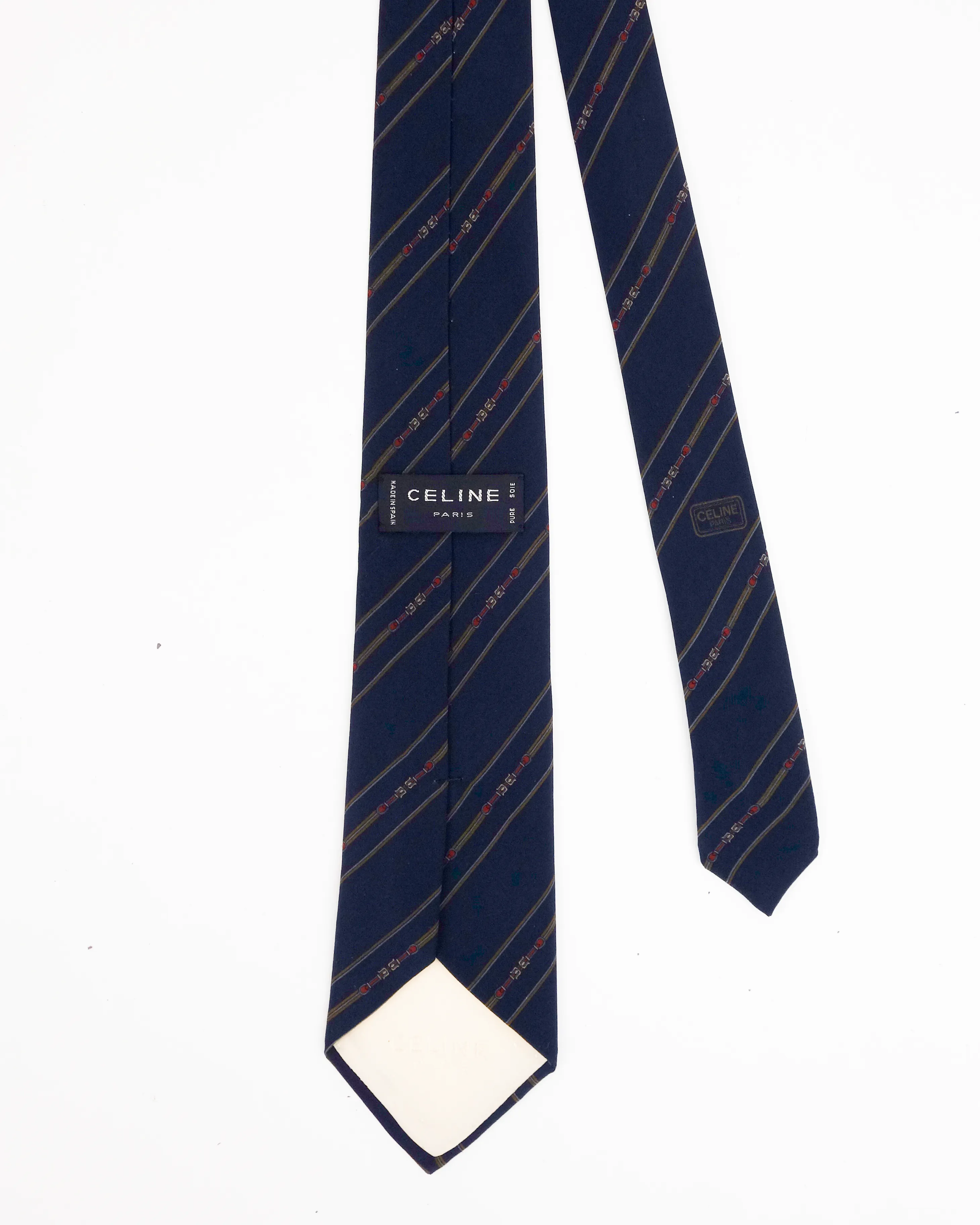 Celine Chain Navy Blue Silk Tie 1990's