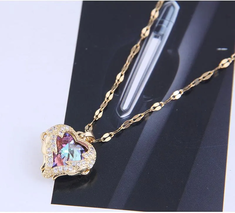 Colorful Crystal Heart Shaped Necklace Covered With Angel Wings