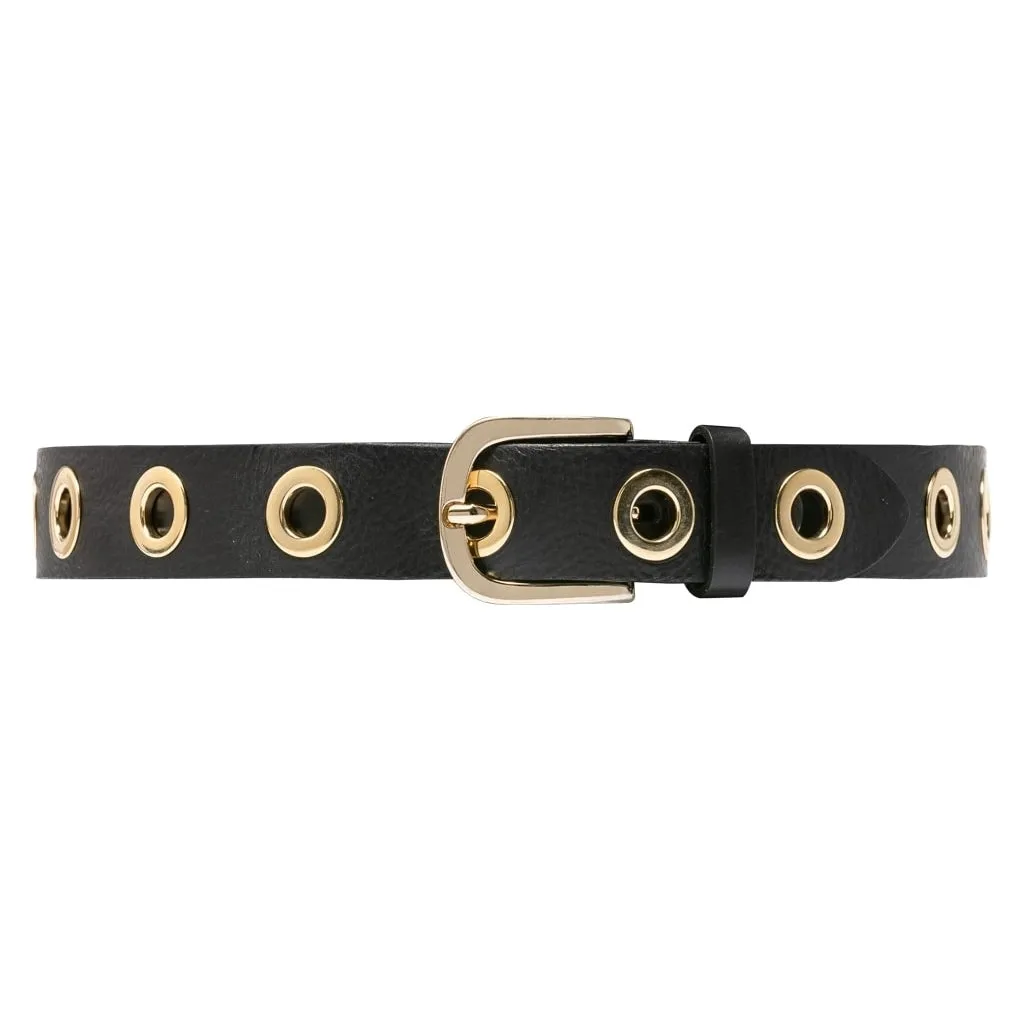 Cool jeans leather belt decorated with large eyelets / 13702 - Gold