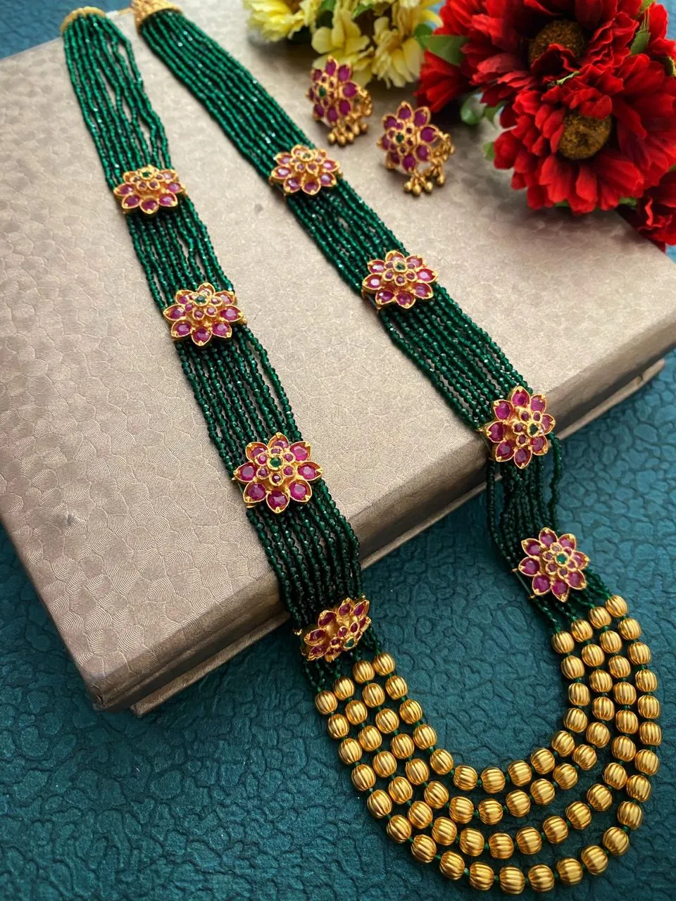 Designer Multi Layered Green Semi Precious Beaded Necklace Set By Gehna Shop