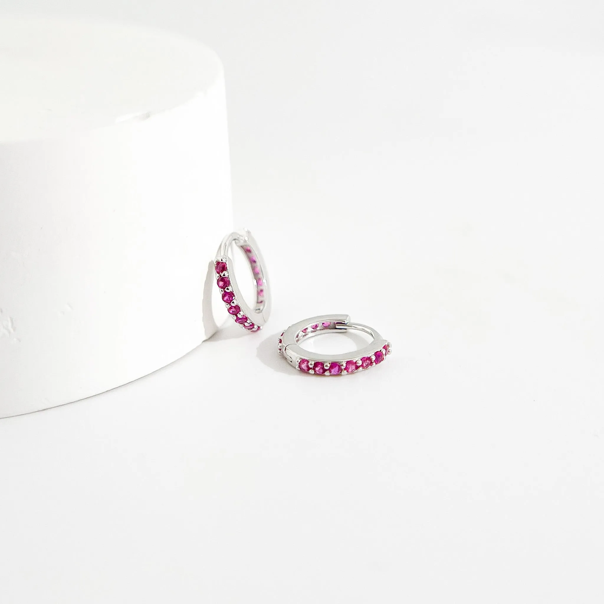 Fuchsia Gems Huggies in Silver