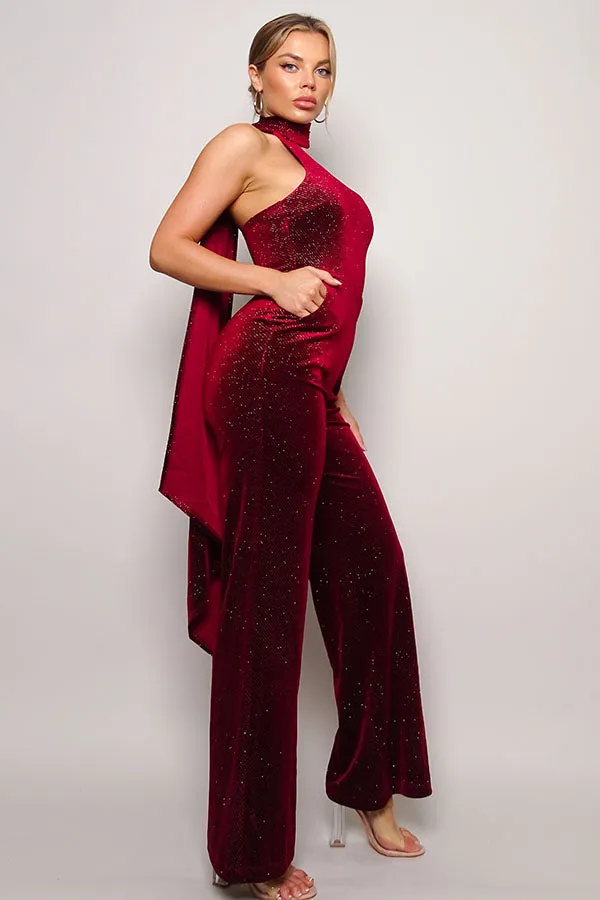 Glittery Velvet Scarf Top Jumpsuit