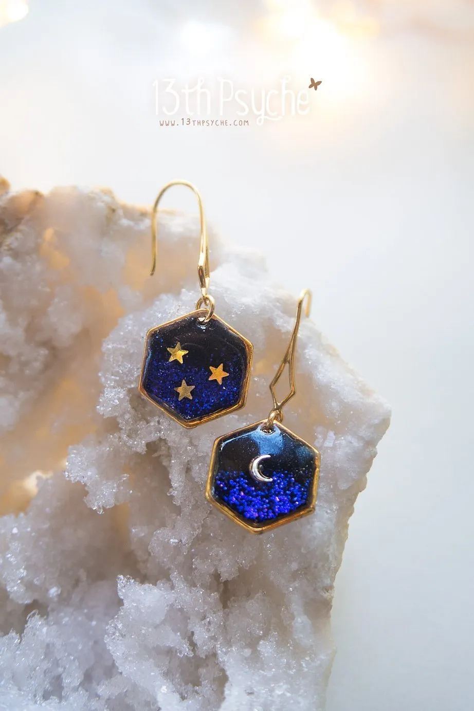 Gold moon and stars hexagon earrings