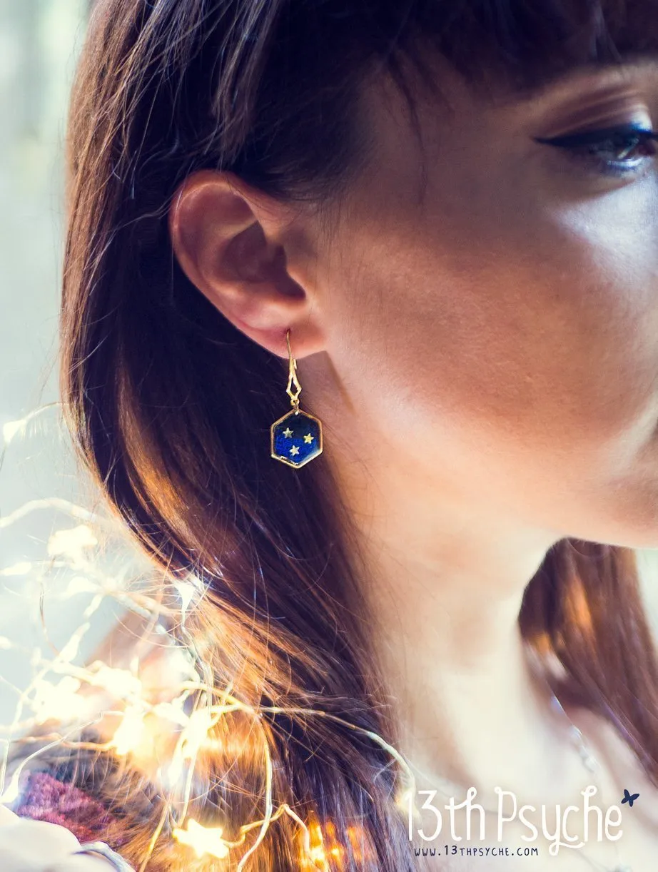 Gold moon and stars hexagon earrings