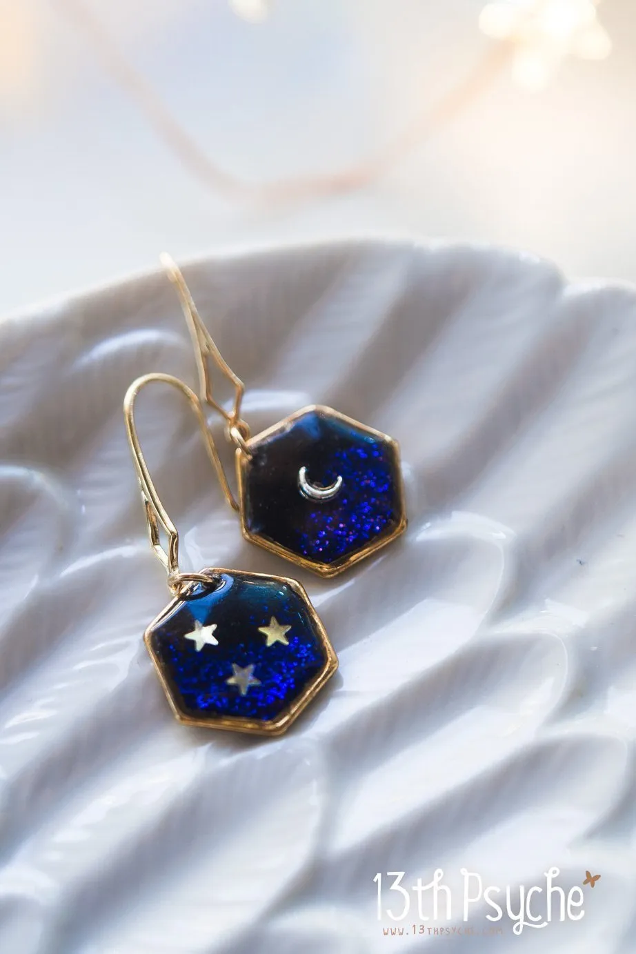 Gold moon and stars hexagon earrings