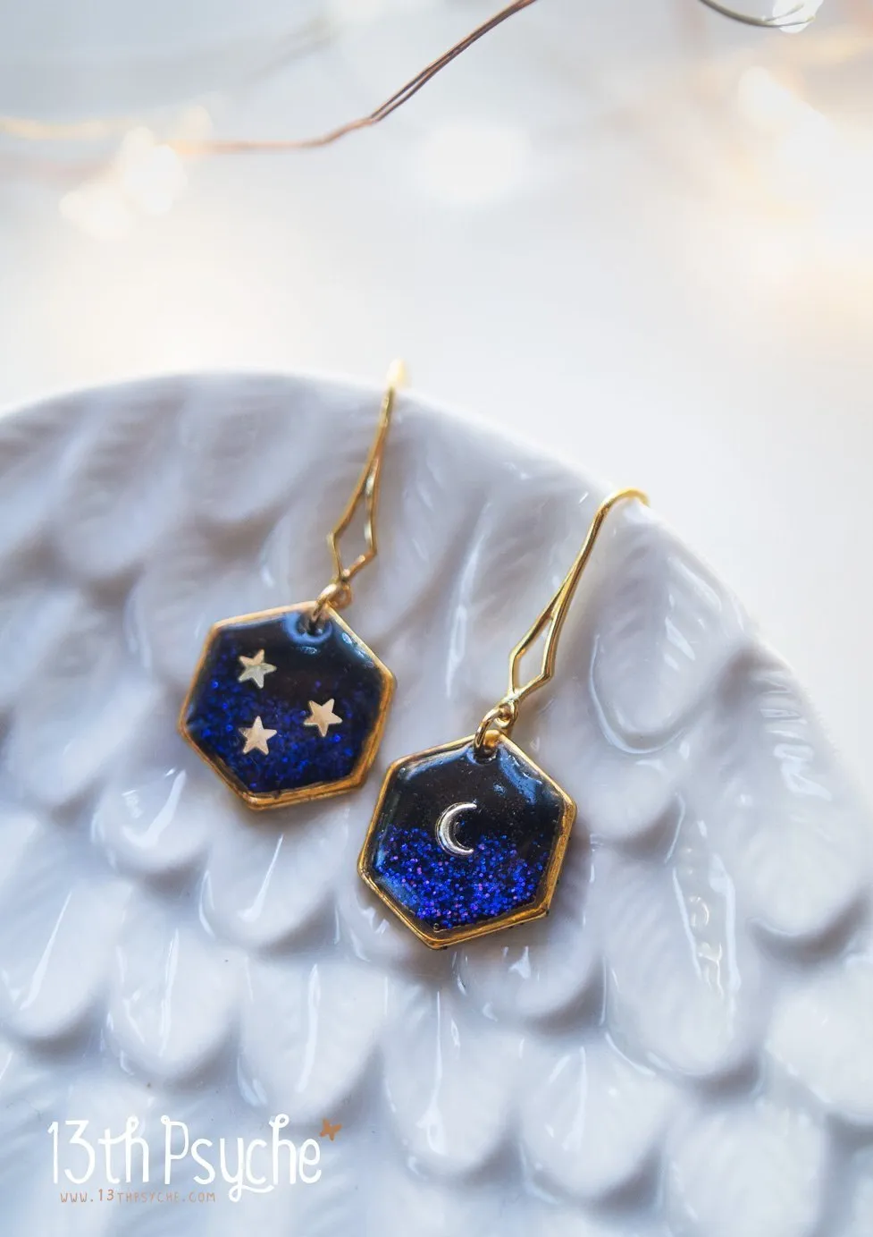 Gold moon and stars hexagon earrings