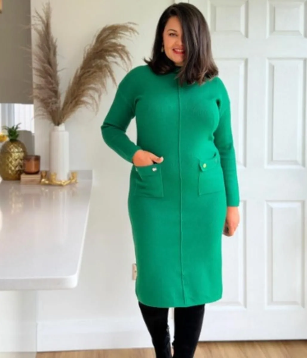 Green Knitted Midi Pocket Dress