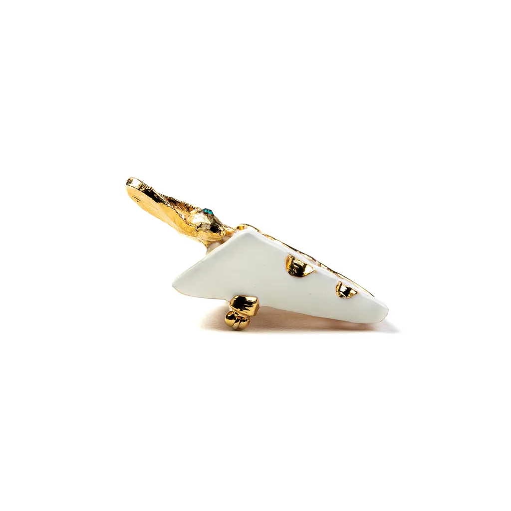 Ivory Enamel Cheese Pin Featuring Gold Mouse with Crystal Ears