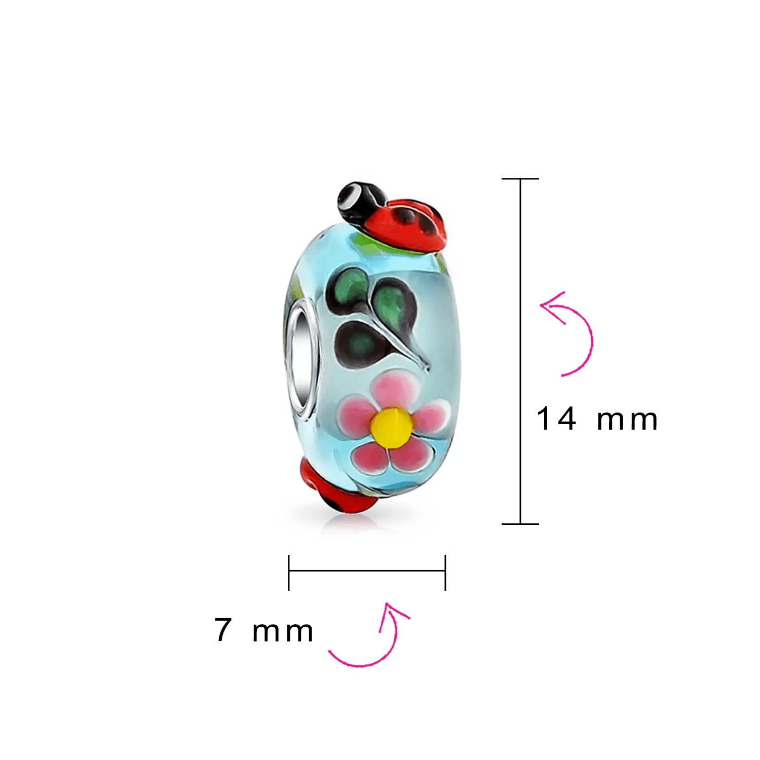 Ladybug Bee Insect Flower Lampwork Murano Glass Bead Charm Silver