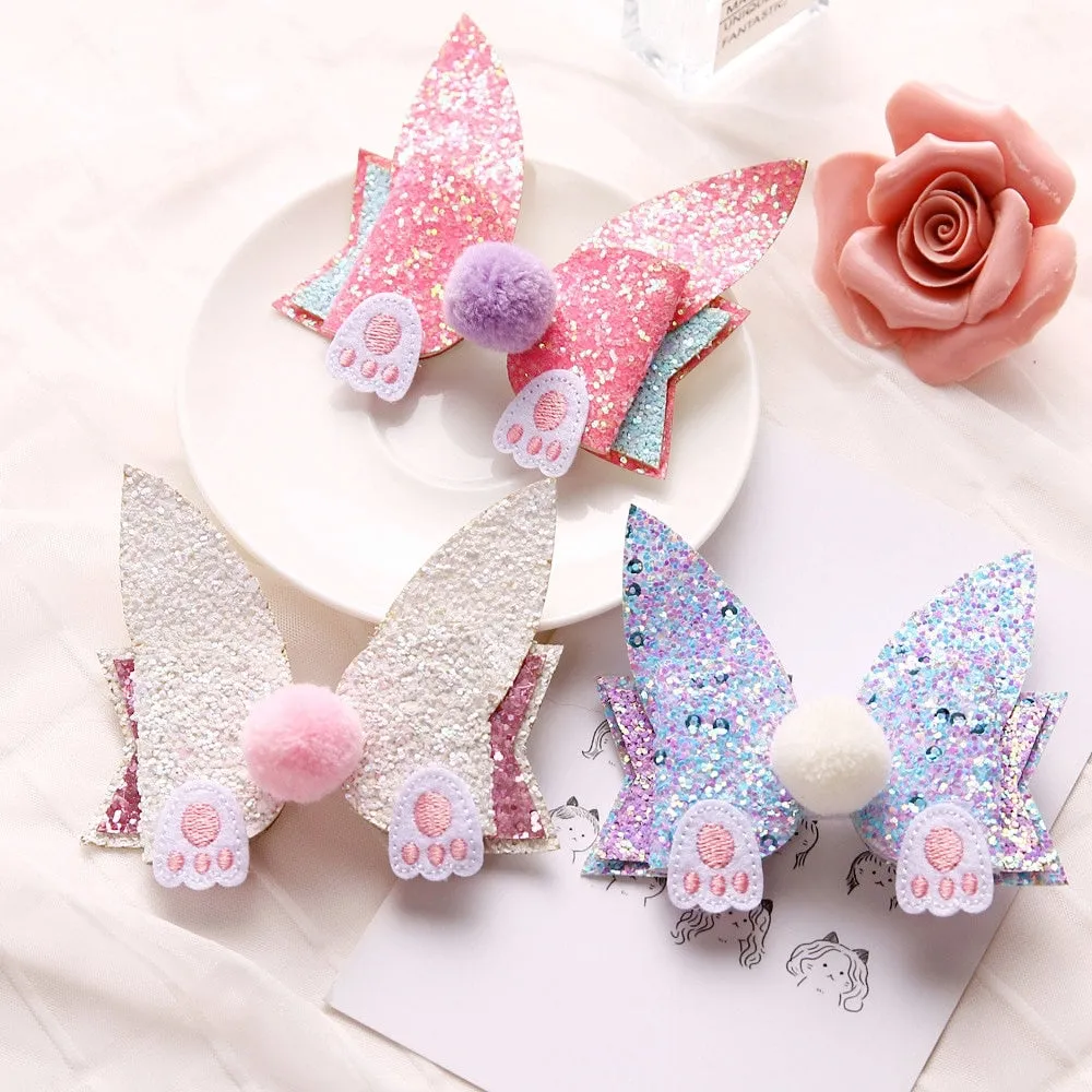 Layered Glitter Butterfly Bunny Paw Fur Ball Tail Hair Clip/Barrette - ONLY 3 LEFT !!!