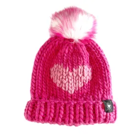 Luxury Big Heart Pom-Pom Beanie in Magenta   Cotton Candy