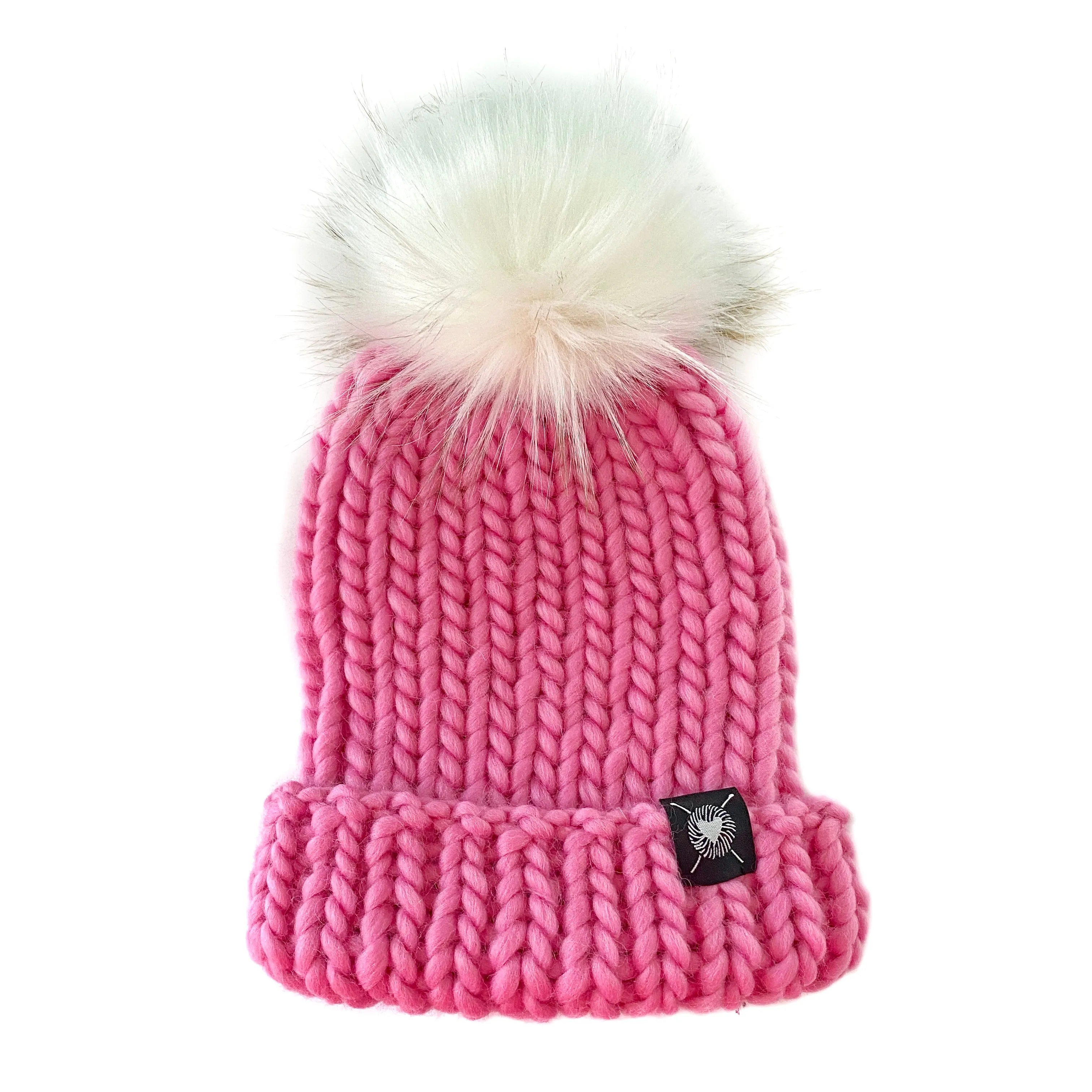 Merino Folded Brim Faux Fur Pom-Pom Beanie in Cotton Candy