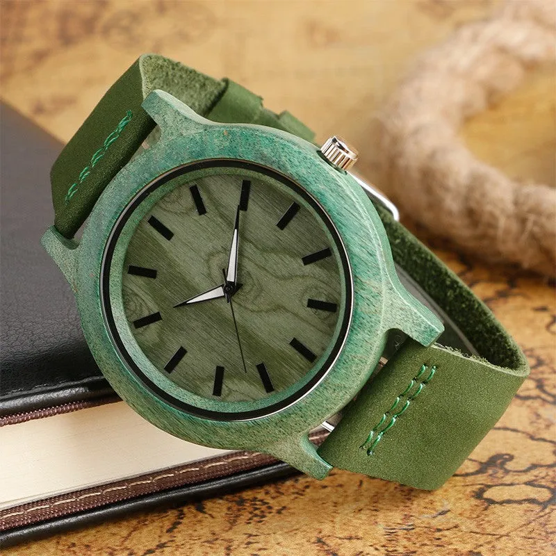 Natural Green Handmade Genuine Leather Bamboo Watch