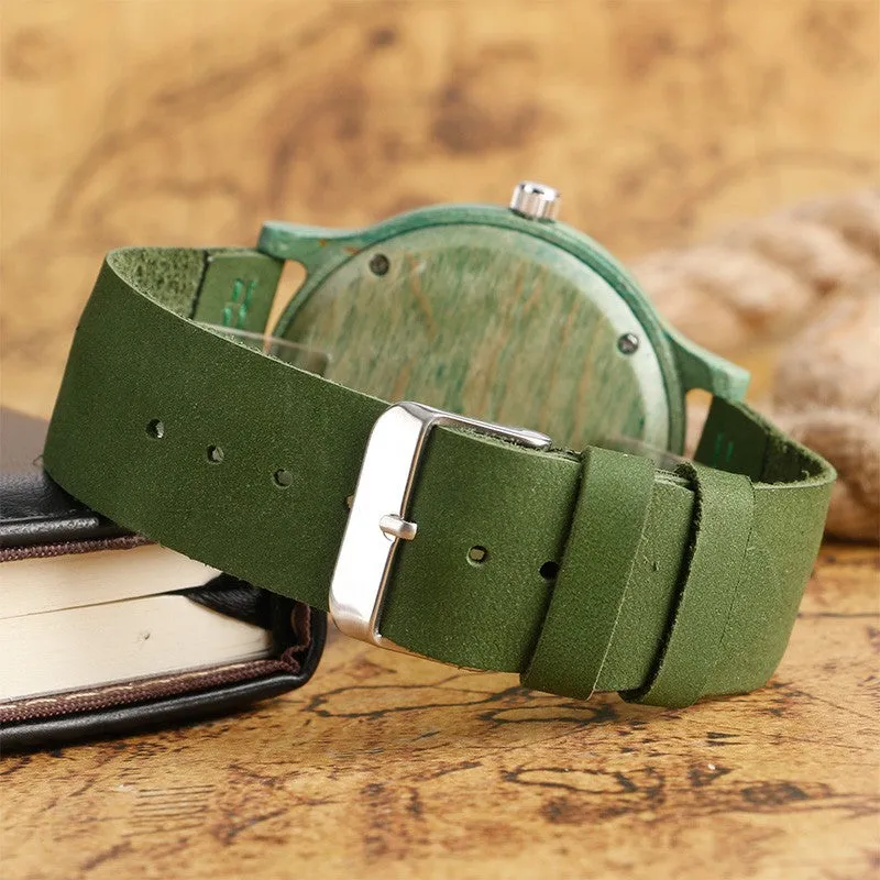 Natural Green Handmade Genuine Leather Bamboo Watch