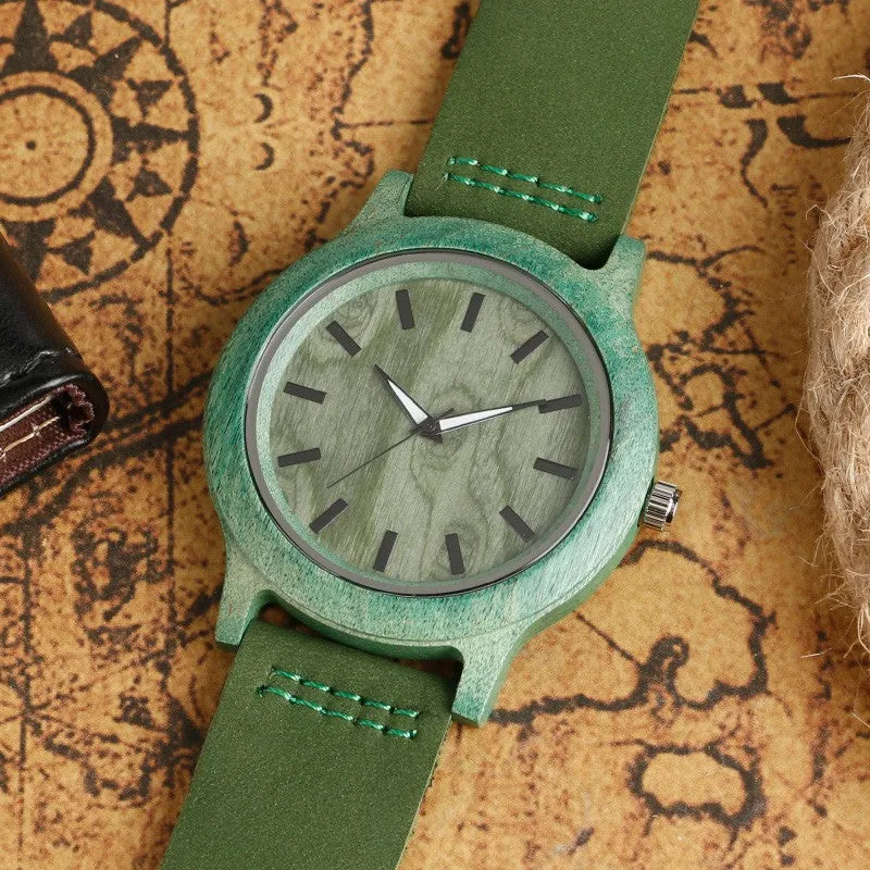 Natural Green Handmade Genuine Leather Bamboo Watch