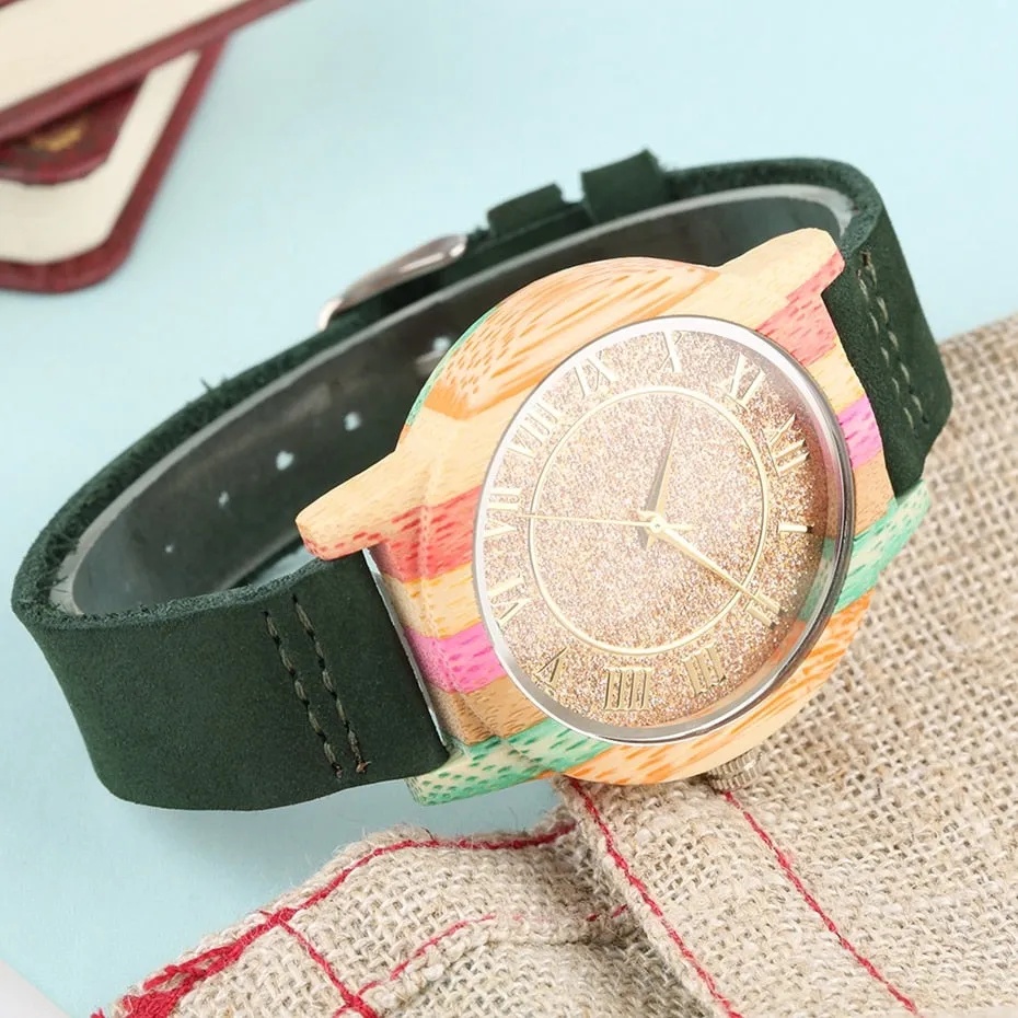 Natural Rainbow Genuine Leather Bamboo Watch